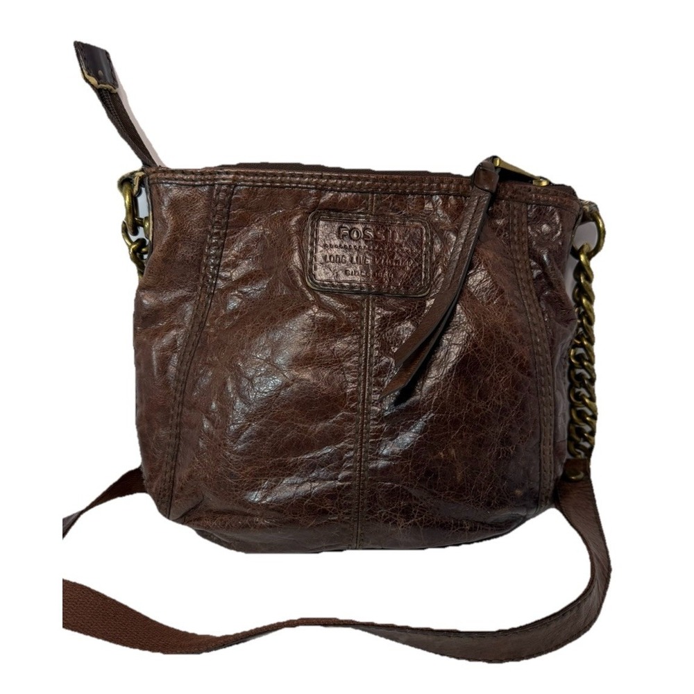 Fossil Leather Crossbody Bag Brown Distressed Chain Strap Small Vintage